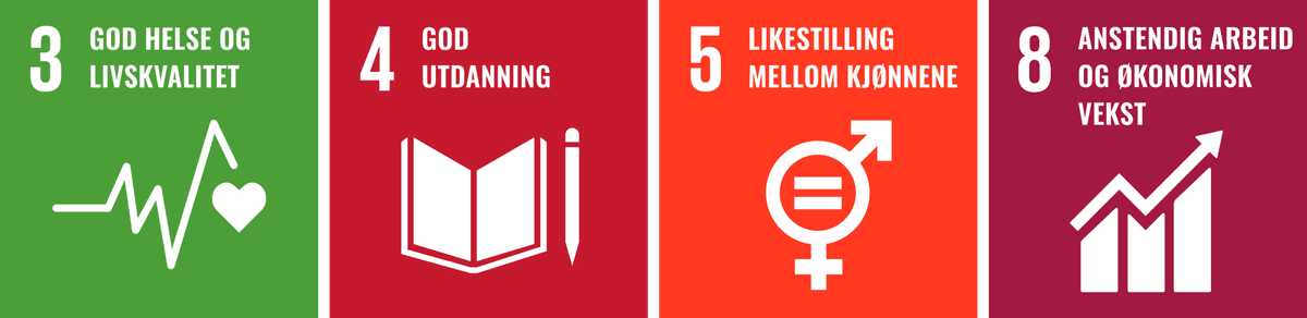 3: Good Heath and Well-Being. 4: Quality Education. 5: Gender Equality. 8: Decent Work and Economic Growth.