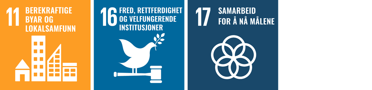 11: Sustainable Cities and Communities. 16: Peace, Justice and Strong Institutions. 17: Partnerships for the Goals.